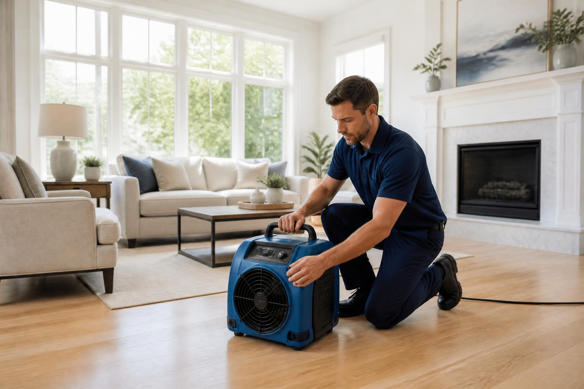 Restoration technician in uniform setting up professional drying equipment in a bright, dry living room